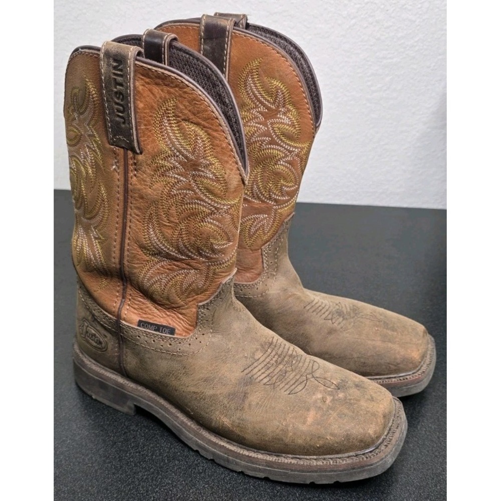 Justin Work Boots Rugged Tan Composite Square Toe Wellington 8.5 D